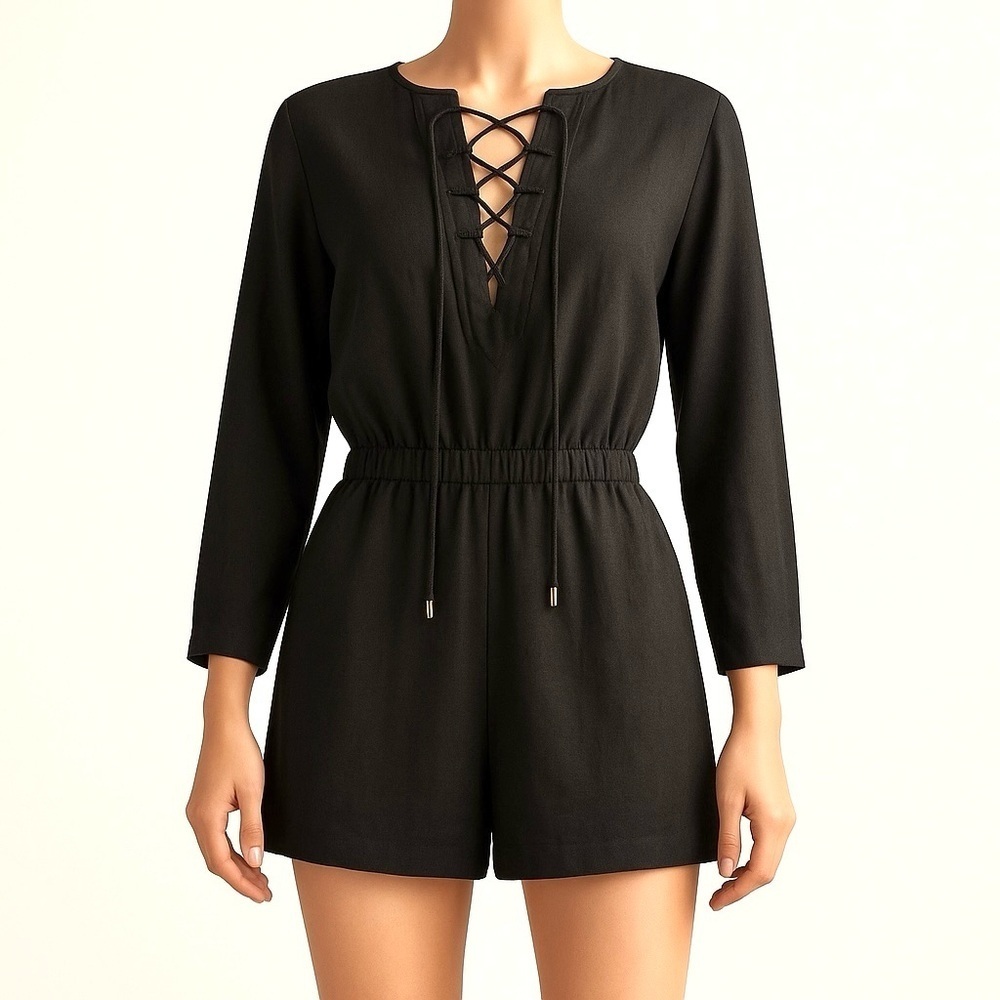 Derek Lam 10 Crosby Linen Blend 3/4 Sleeve Lace Up Romper Jumper Size 2 NEW